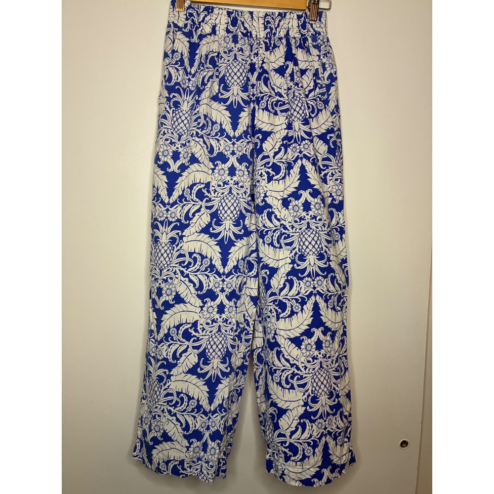 Rachel Zoe Pants Women S Blue White Pineapple Linen Blend Wide Leg Pockets
